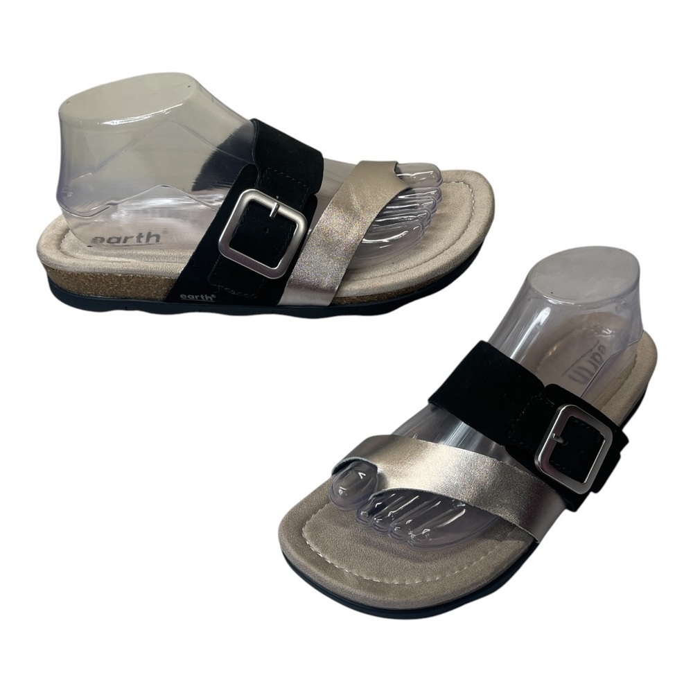 Earth Emilia Black Silver Leather Slip On Comfort Sandals Slides Womens size 9.5